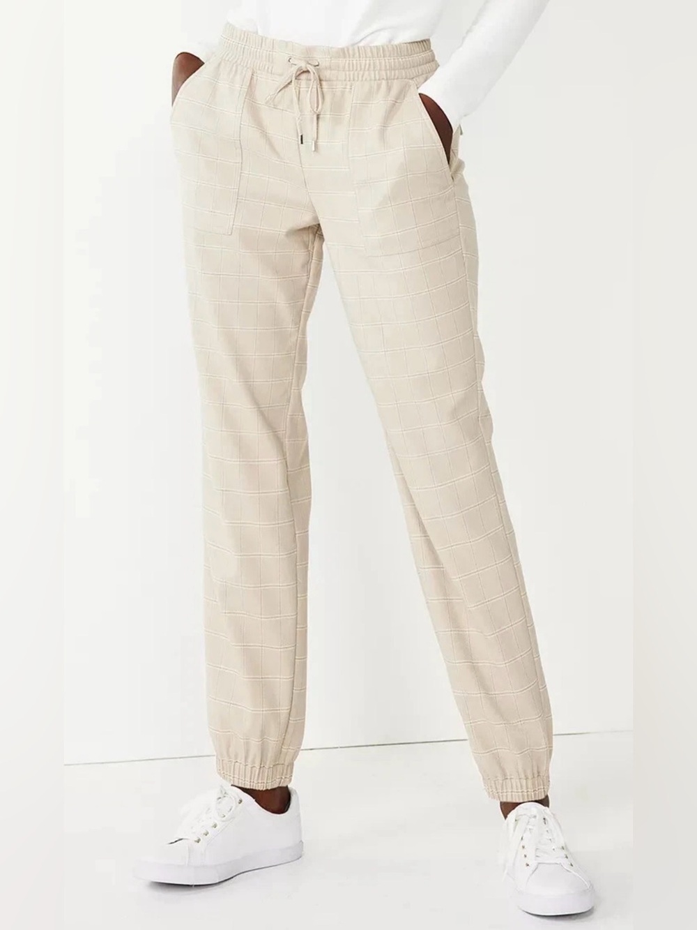 Nine West Plaid Tie-Waist Windowpane Jogger Pants